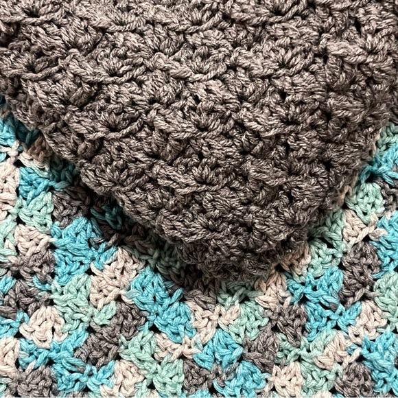 Aqua and Gray Handmade Crocheted Hooded Cardigan Cocoon Sweater - Picture 6 of 7